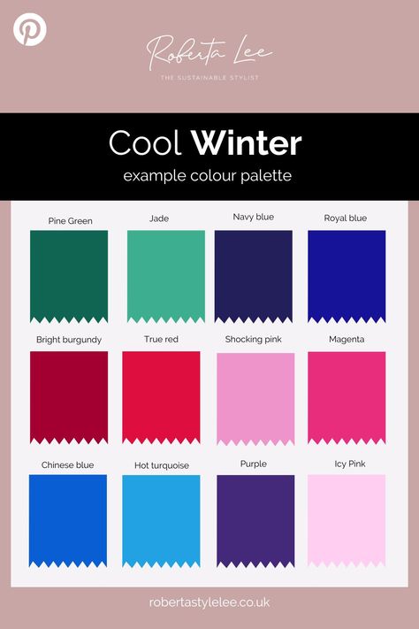 Cool Winter: Colour Analysis Guide - Roberta Lee - The Sustainable Stylist Winter Colour Analysis, Bright Winter Color Palette Outfits, Cool Winter Palette, True Winter Palette, Color Analysis Winter, True Winter Color Palette, Winter Skin Tone, Capsule Wardrobe Winter, Cool Winter Color Palette