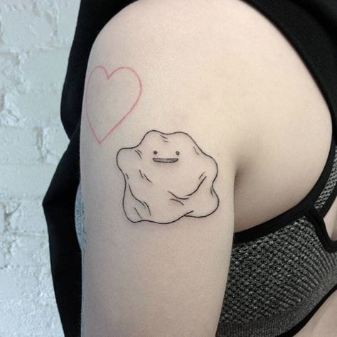 Handpoked Ditto tattoo by Teagan Campbell. #TeaganCampbell #handpoke #linework #cute #creature #pokemon #anime #videogame Ditto Tattoo, Stick N Poke, Pokemon Tattoo, Pokemon Anime, B Tattoo, Hand Poke, Stick And Poke, White Tattoo, Anime Tattoos