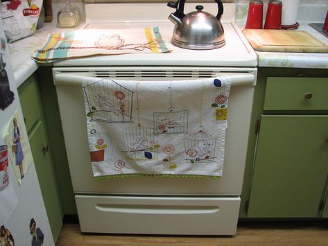 hanging around in the kitchen by calamity kim, via Flickr Kitchen Towels Hanging, Silly Hats, Cute Aprons, Embroidered Towels, Hung Up, Diy Organization, Sewing Room, Dish Towels, Animal Design