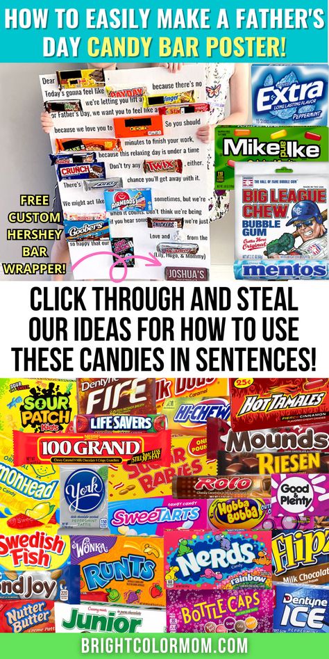 large collage of candy as well as a completed Father's Day candy bar poster and text reading "How to easily make a Father's Day candy bar poster! Click through and steal our ideas for how to use these candies in sentences" Candy Board For Fathers Day, Candy Bar Posters For Father’s Day, 80th Birthday Candy Poster, Birthday Candy Card Ideas, Candy Bar Posters Valentines Day, Candy Bar Fathers Day Card, Miss You Candy Poster, Candy Poster Board For Teacher, Principal Candy Bar Poster