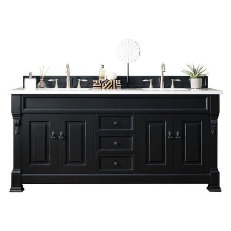 The Brookfield 72", double sink, Antique Black vanity by James Martin Furniture features hand carved accenting filigrees and raised panel doors. Four doors, two on either side, open to shelves for storage below and three center drawers, made up of a lower double-height drawer and both middle and top standard drawers, offer additional storage space. The look is completed with Antique Brass finish door and drawer pulls. Matching decorative wood backsplash is included.PLEASE NOTE:*Please refer to t Vanity Antique, Silestone Countertops, Shelves For Storage, James Martin Vanity, Traditional Bathroom Vanity, Wood Backsplash, Raised Panel Doors, Black Vanity, Double Vanity Bathroom