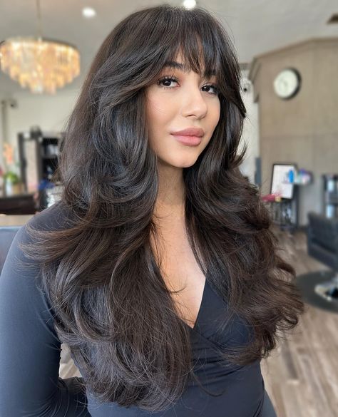 Long Thick Hair with Midshaft Butterfly Layers and Bangs Bang Haircuts, Blond Pony, Layered Bangs, Haircuts For Long Hair With Layers, Layered Hair With Bangs, Hair Inspiration Long, Bangs Hairstyles, Hairstyles For Layered Hair, Hair 2024