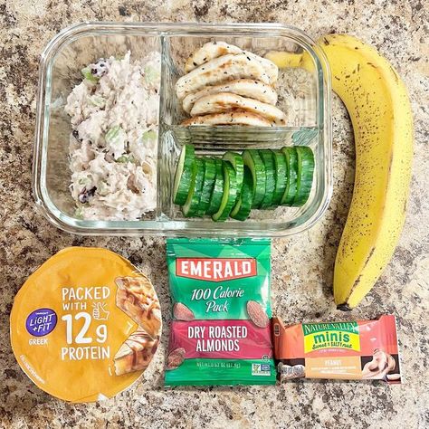 Toni on Instagram: "Keeping it simple for today’s #lunchbox 🙂! Lunch is cranberry almond chicken salad, @stonefirenaan everything naan dippers, cucumbers, and @lightandfit caramel apple pie Greek yogurt (527 calories). Snack options are @emeraldnuts almonds, a banana, and a mini @nature_valley bar (100 calories). . . . . . . . . . . . . #lunchtime #whatsforlunch #teacher #teacherlife #teachersofinstagram #teachersfollowteachers #schoollunch #balanceddiet #healthydiet #balancedmeals #healthymeal Mini Naan Lunch Ideas, Naan Dippers Lunch Ideas, Naan Dippers, Cranberry Almond Chicken Salad, Almond Chicken Salad, Mini Naan, Work Breakfast, Almond Chicken, Cranberry Almond