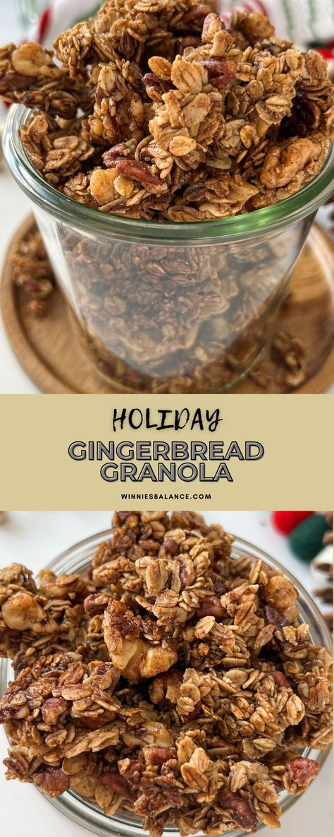 Holiday Gingerbread Granola - WINNIESBALANCE Autumn Granola Recipe, Winter Granola Recipe, Weight Watchers Granola Recipe, Carnival Cruise Granola Recipe, Unique Granola Recipes, Crockpot Granola Recipes, Christmas Granola Recipe, Purely Elizabeth Granola Recipe Copycat, Meal Gift Ideas