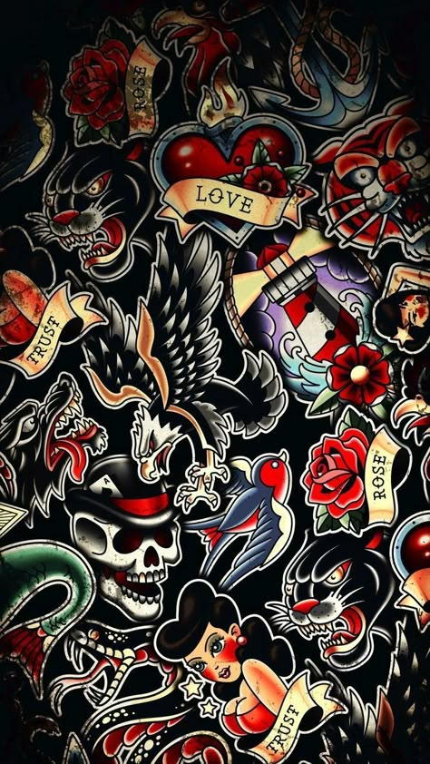 Art Iphone Wallpaper, Old School Traditional, Iphone Wallpaper Ideas, Tattoo Traditional, Traditional Tattoo Art, Iphone Wallpaper Hd, Skull Wallpaper, Art Wallpaper Iphone, Ed Hardy