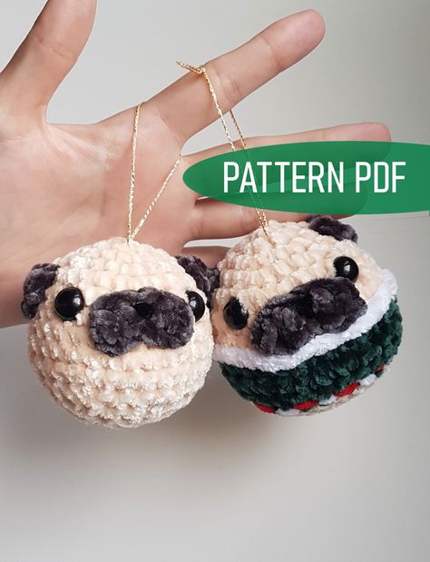 Pug Crochet Pattern Free, Pug Ornaments, Dog In Sweater, Christmas Tree Applique, Ornament Crochet Pattern, Tree Applique, Ornament Crochet, Christmas Pug, Amigurumi Dog