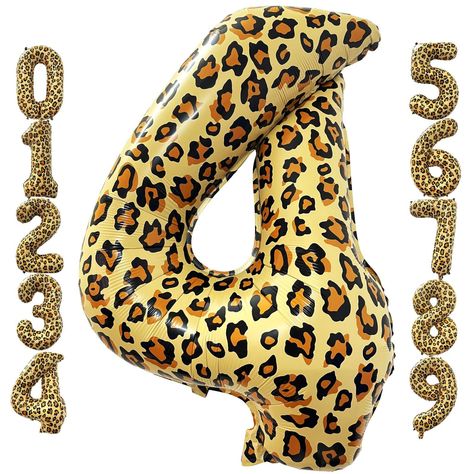 PRICES MAY VARY. Package Included - Giant 32 inch Gold Leopard Number 4 Balloon(uninflated) + Straw. Material - The Gold Leopard number 4 balloon is made of a sturdy mylar material to last a long display.Aluminum Mylar Foil,gold color,huge Giant,full of numbers,quality is better than the generic balloons, gorgeous and personalized .High quality imprint technology,edge neat, not easy to explode and leak,Ideal for birthday parties. Use - Helium Supported,this shiny leopard number 4 balloon is perf Number 4 Balloon, Leopard Birthday, Jungle Theme Birthday Party, Celebration Decorations, 4 Balloon, Wild Jungle, Jungle Theme Birthday, Purple Decor, Theme Birthday Party