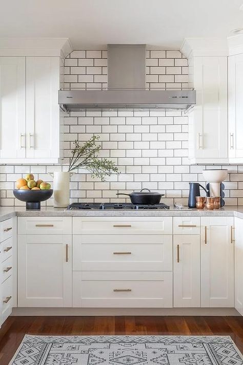 White Kitchen Subway Tiles with Dark Gray Grout - Transitional - Kitchen Subway Tile With Dark Grout, Tile With Dark Grout, White And Gold Nightstand, White Subway Tile Kitchen, Dark Grout, Grey Geometric Rug, Gray Grout, Top Kitchen Cabinets, White Shaker Kitchen Cabinets