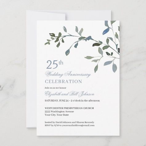 Elegant Watercolor Blue 25th Wedding Anniversary Invitation 25th Wedding Anniversary Invitations, Anniversary Design, Anniversary Invitation, Wedding Anniversary Celebration, Elegant Typography, Watercolor Greenery, Wedding Anniversary Invitations, Elegant Watercolor, 25th Wedding Anniversary