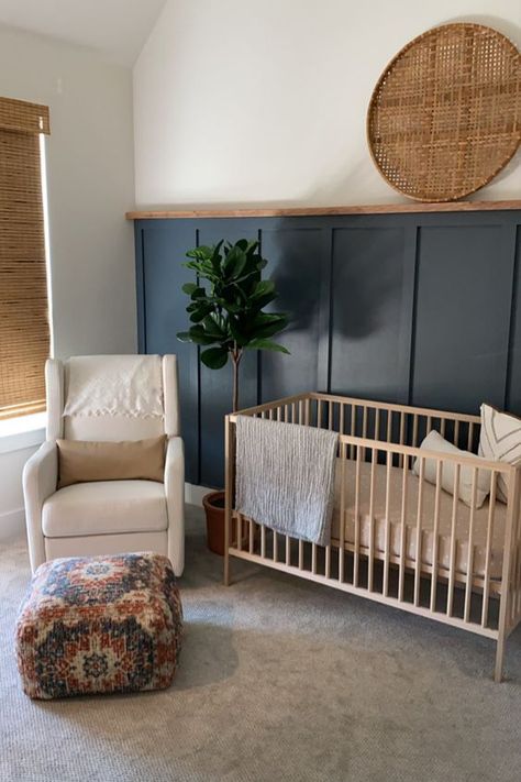 top modern nurseries 2022 (5) Closet Nursery, Wainscoting Nursery, Nursery Accent Wall, Baby Room Themes, Nursery Room Design, Baby Room Inspiration, Baby Boy Room Nursery, Nursery Modern, Wood Accent Wall