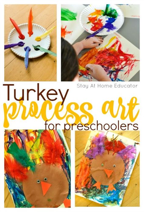 Turkey Process Art for Preschoolers - This process art activity uses paint and feathers to make a turkey craft, perfect Thanksgiving activity for the kids! Thanksgiving Preschool Theme, Process Art For Preschoolers, Thanksgiving Lesson Plans, Art For Preschoolers, Turkey Theme, Colorful Turkey, Thanksgiving Activities Preschool, Thanksgiving Lessons, Thanksgiving Crafts Preschool