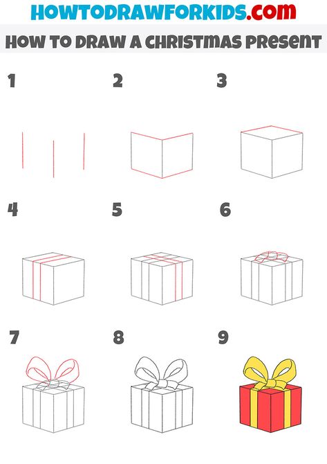 how to draw a christmas present step by step How To Draw A Christmas Present, How To Draw Presents, How To Draw A Present, Easy To Draw Christmas Pictures, Christmas How To Draw, Step By Step Drawing Christmas, Christmas Drawings Easy Step By Step, Present Drawing Easy, How To Draw Christmas Stuff Step By Step