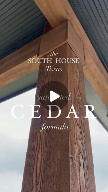 South House on Instagram: "🪵Saturated brown cedar formula, with no orange in sight!   🪵 When I asked for this stain to be created, I kept asking for a dark, not dull, but rich chocolate color & boy did my guys not disappoint!   🪵 SH created this custom stain, along with our friend at PPG & contracted painters 🙌 We specifically created this formula & are happy to share it with anyone who likes it, just comment below!  #cedar #interiordesign #homeinspiration #homeinspo #design #kitchenrenovation #kitcheninspiration #bathroominspiration #bathroominspo #homeoffice #carpentry #pinterestinspired #cabinet #newconstruction #realestate #realtor #mothersday" Dark Stained Wood House Exterior, Cabot New Cedar Stain, Dark Stain Porch, Stained Douglas Fir Beams, Cedar Headers Exterior, Western Red Cedar Stain Colors, Modern Porch Posts, White House Cedar Posts, Cedar Porch Post Stain Colors