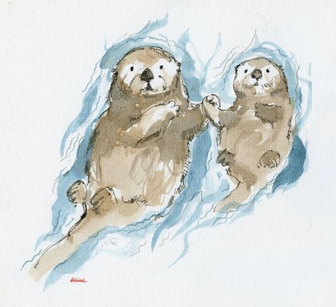 Original ink painting on paper Otter Drawing, Otter Art, Kunst Inspo, Art Du Croquis, Pen Ink Drawings, Sea Otters, Art Mignon, Sea Otter, Ink Drawings