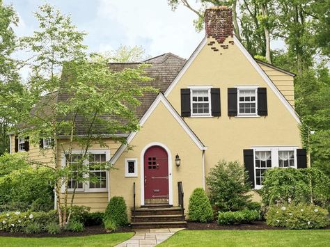 Yellow Brick House Exterior, Yellow Brick Houses, Yellow House Exterior, Painted Bricks, Exterior House Colors Stucco, Black Shutters, Yellow Cottage, Concept Model, Hardscape Design