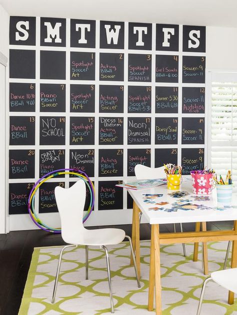 You'll want this pin when you're decorating a playroom! #chalkboard #paint #hgvmagazine http://www.hgtv.com/handmade/how-to-giant-chalkboard-calendar/index.html?soc=pinterest Family Organization Station, Chalkboard Calendar, Diy Rangement, Clear Paper, Organization Station, Paper Clutter, Chalkboard Wall, Family Organizer, Family Wall