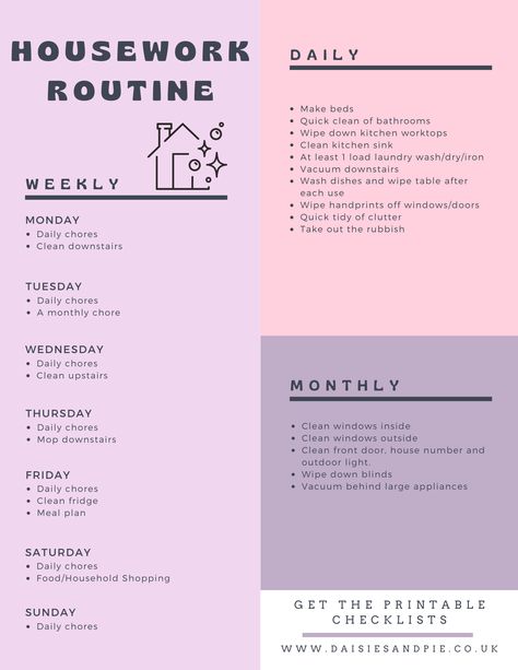 printable easy housework routine with daily weekly and monthly chores Cleaning List Weekly, Daily Weekly Monthly Routine, Daily Chores To Keep House Clean, House Cleaning Plan, Apartment Cleaning Schedule, Household Routines, Housework Schedule, Monthly Chores, Homeowner Checklist