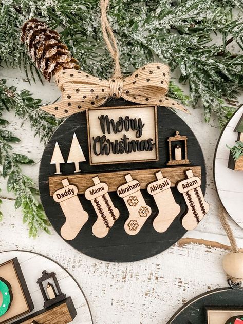 Surprise loved ones with unique Glowforge gifts featuring laser engraved designs. Discover easy crafts to sell that add a personal touch to every celebration this year! Christmas Ornament Hangers, Engraved Door Signs, Laser Wood Christmas Ornaments, Christmas 2024 Ornaments, Cnc Christmas Ornaments, Cricut Wood Cutouts, Christmas Craft Ideas To Sell, Laser Projects Ideas, Boho Farmhouse Christmas