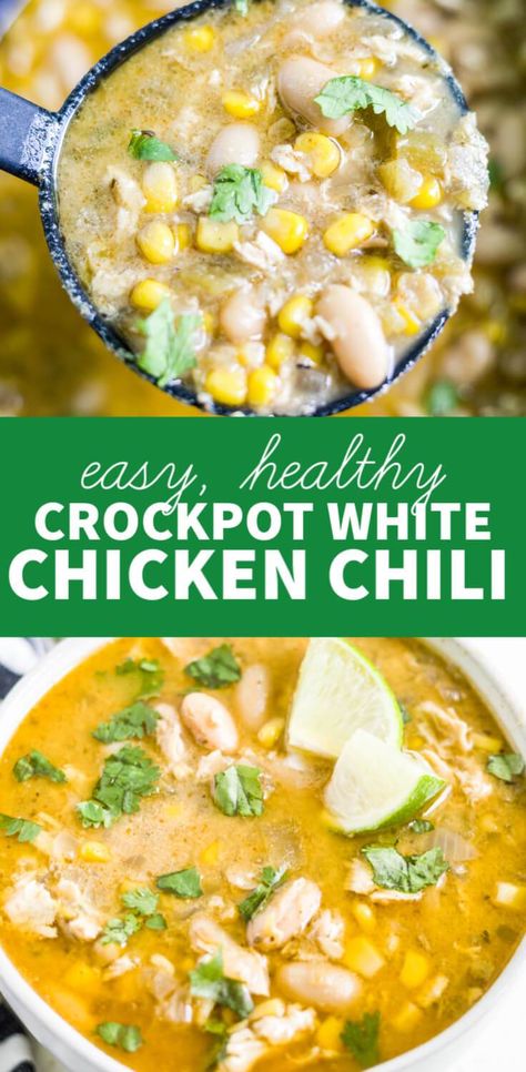 Protein Beans, Healthy White Chicken Chili, Clean Eating Crockpot, White Chicken Chili Slow Cooker, White Chicken Chili Recipe, Chicken Crockpot Recipes Healthy, Clean Eating Soup, Chicken Chili Crockpot, White Bean Chicken Chili