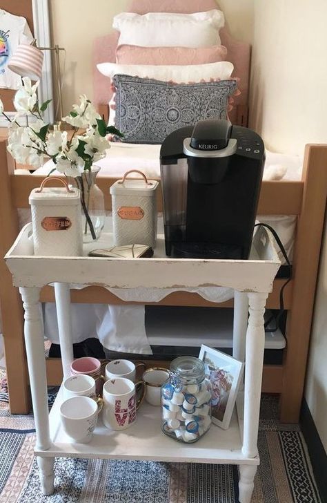 12 DIY Coffee Station Ideas for Your Dorm or Apartment - Raising Teens Today She Shed Office Ideas, Diy Coffee Station Ideas, Office Coffee Station, Coffee Station Ideas, Diy College, Nyc Rooms, Diy Coffee Station, White Round Tables, Tea Station