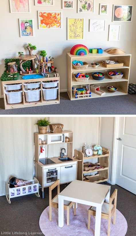 Find ideas for toy rotation systems and storage ideas for spaces big and small. Whether you sort your toys by categories or in a weekly rotation system, you'll find easy ideas in this post! Toy Rotation Storage, Toy Room Storage, Toy Rotation, Ikea Toys, Small Playroom, Baby Playroom, Montessori Playroom, Montessori Room, Toddler Playroom