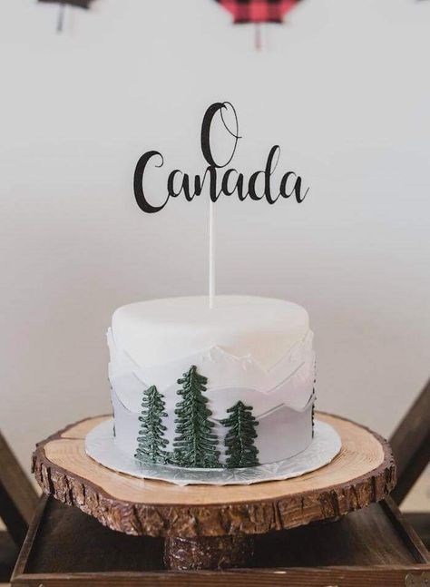 Mountains Cake Ideas, Birthday Cake Mountain Theme, Birthday Cake Mountain, Bon Voyage Cake, Canada Party, Farewell Cake, Canada Day Party, Mountain Cake, Travel Cake