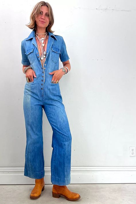 Vintage Denim Jumpsuit Selected by Anna Corinna | Free People Denim Overalls Outfit Aesthetic, 70s Denim Jumpsuit, Overalls Outfit Aesthetic, Denim Overalls Outfit, Denim Jumpsuit Outfit, 70s Denim, Overalls Outfit, Jumpsuit Outfit, Outfit Aesthetic