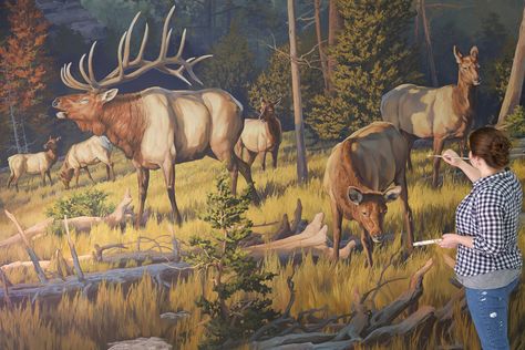 Prehistoric White River Valley Panorama on Behance Beth Zaiken, Mountain Mural, White River, River Valley, Art Studies, Dinosaurs, Elk, Animal Art, Moose Art