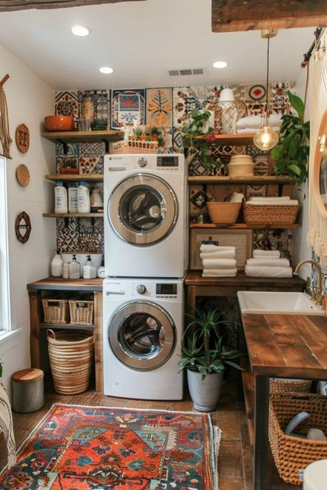 29 Stacked Laundry Room Ideas for Maximizing Your Space and Efficiency 15 Vintage Eclectic Laundry Room, Colourful Rustic Decor, Quirky House Ideas, Whimsigoth Laundry Room, Laundry Room Maximalist, Bohemian Laundry Room Ideas, Tiny Home Laundry Room, Eclectic Home Aesthetic, Double Wide Decorating Ideas