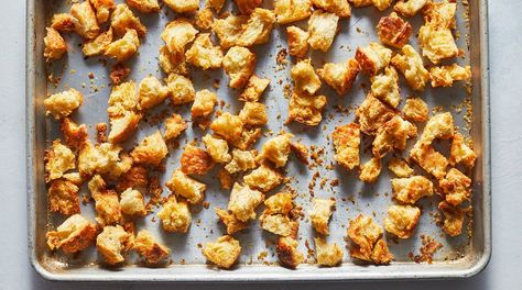 These crunchy and addicting croutons have a secret: their cheesy taste comes from nutritional yeast, a plant-based substitute for Parmesan, which boosts savory umami flavor. The garlicky oil takes them up a notch, too. They’re the perfect way to use up any leftover bread—ciabatta, sourdough, or a country loaf would all work well. Keep a batch on hand at all times to add to salads, casserole tops, or soups. These croutons store well at room temperature for up to a week. Just reheat in the oven if Bread Ciabatta, Nutritional Yeast Benefits, Cheesy Croutons, Real Simple Recipes, Croutons Recipe, Nutritional Yeast Recipes, Crouton Recipes, Cheese Croutons, Yeast Recipes