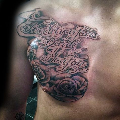 Chest Quote Tattoo, Chest Tattoo Writing, Quote Tattoo Designs, Chest Tattoo Quotes, Tattoo Men Ideas, Writing Tattoo, Wörter Tattoos, Quote Tattoo, Famous Tattoos