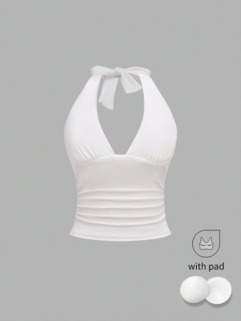 Women's Solid Color Simple Casual Halter Neck Tank Top White Casual   Knitted Fabric Plain Halter Medium Stretch  Women Clothing, size features are:Bust: ,Length: ,Sleeve Length: White Halter Neck Top, Plain White Top, Cute White Tops, White Halter Top, Half Shirts, Halter Tank Top, Cute Tank Tops, Halter Neck Top, Diy Sewing Clothes