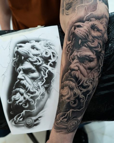 Greek Gods Full Sleeve Tattoo, Greek Hercules Tattoo, Greek Mythology Tattoos Thigh, Hermes Greek God Tattoo, Hercules Tattoo Stencil, Hercules Lion Tattoo, Greek Pattern Tattoo, Hercules Tattoo Mythology, Hephaestus Tattoo