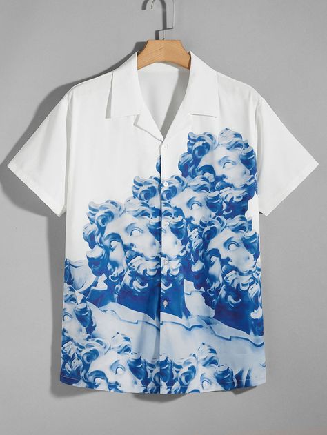 Blue and White Street  Short Sleeve Polyester Figure Shirt  Slight Stretch Summer Men Tops Lapel Top, Rayon Shirt, Men Shirts, Printed Sleeves, Bowling, Types Of Shirts, Quality Clothing, Short Sleeve Shirt, Button Up Shirts