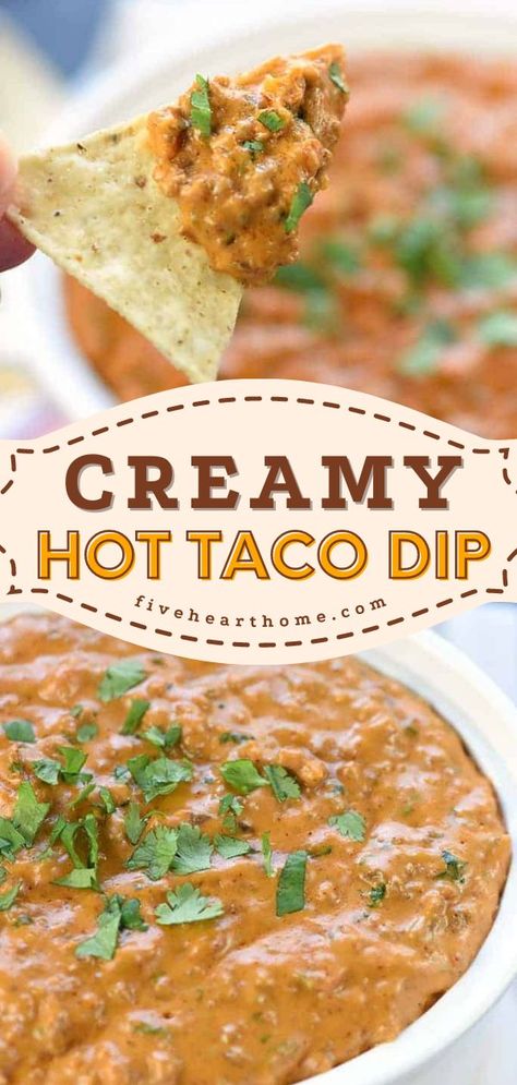 Hot Taco Dip, game day food, football appetizers Taco Dip Recipe With Ground Beef, Super Bowl Snacks Party Appetizers, Hot Taco Dip, Ground Beef Cream Cheese, Dip Recipes Hot, Taco Dip Recipe, Cheese Cheddar, Hot Appetizers, Taco Dip