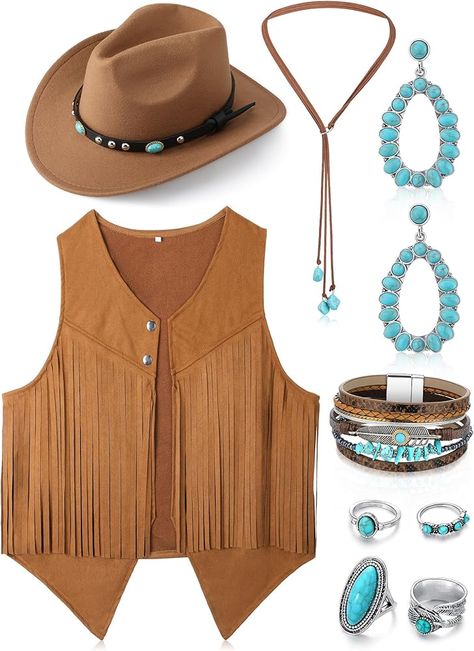 Amazon.com: Suhine 9 Pack Western Outfits for Women Cowgirl Vest Boho Cowboy Hat Jewelry Kit for Halloween Cosplay(Khaki,X-Large) : Clothing, Shoes & Jewelry Womens Western Costume, Cow Print Necklace, Western Style Womens Clothing, Mexican Cowgirl Outfits Plus Size, Glamorous Cowgirl Outfits, Cowgirl Country Outfits, Duranguense Outfits, Country Attire For Women, Urban Cowboy Movie Outfits