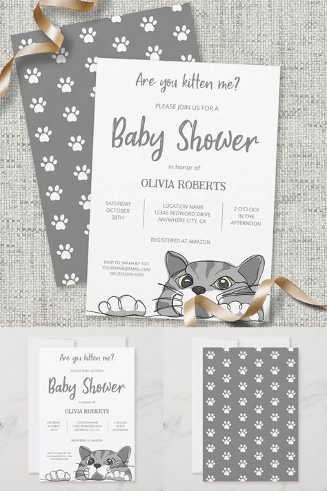 Are you kitten me? Cute design featuring funny cartoon kitty cat on gray and cats footprints pattern on the back. This invitation card is gender neutral and can work for both baby girls and boys. You can add your own details very easily by using the template field. Cat Theme Baby Shower Ideas, Cat Baby Shower Theme, Cat Themed Baby Shower Ideas, Kitten Baby Shower Theme, Cat Baby Shower Ideas, Baby Shower Cat, Cat Cakes, Neutral Invitation, Cat Baby Shower