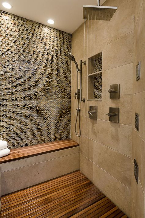 Designed by Gayle Safford at Geneva Cabinet Gallery Wheelchair Accessible Shower, Teak Shower Floor, Teak Shower Mat, Teak Bathroom, Teak Shower Bench, Master Shower, Shower Seat, Shower Bench, Wheelchair Accessible