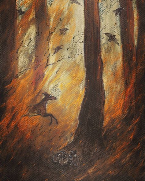 Forest Burning Drawing, Burning Forest Drawing, Forest Fire Art, Van Gogh Flower Paintings, Ride Drawing, Forest Drawing, Fire Drawing, Fire Painting, Forest Illustration