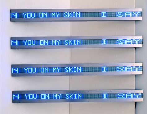 Jenny Holzer Four corner: Arno, Blue, 2003 4 electronic LED signs: blue diodes Texts: Arno (1996); Blue (1998) 5.25 x 57.75 x 3... Jenny Holzer, Interactive Installation, Wayfinding Signage, Environmental Graphics, Signage Design, Display Design, Led Signs, Pop Up Store, Retail Design