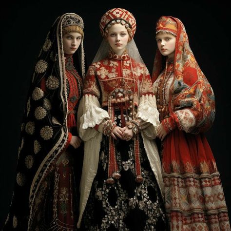 Russian Fashion Traditional, Russian Royalty Fashion, Romania Clothes, Traditional Russian Clothing, Motif Soutache, Medieval Fantasy Clothing, Russian Traditional Clothing, Slavic Clothing, Russian Dress