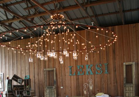 Mason Jar Lighting and other Rustic Decor as Leksi's Footloose themed Sweet 16 Sweet 16 Party Ideas Themes Country, Rustic Romance Prom Theme, Rustic Prom Themes, Country Themed Sweet 16, Sweet 16 Country Theme Ideas, Rustic Romance Prom, Footloose Prom, Rustic Prom, Footloose Party