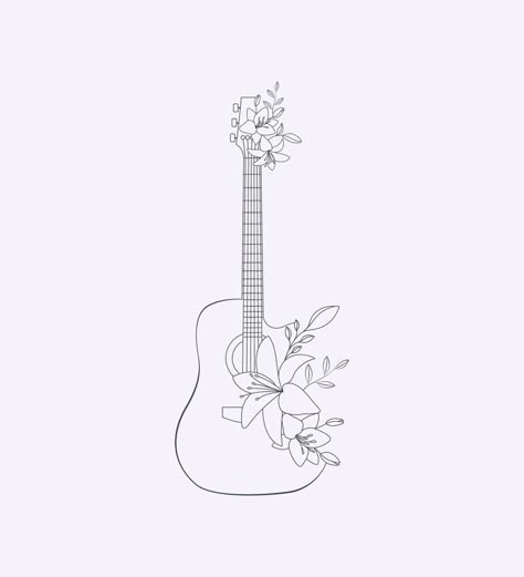 Flower Guitar Flat Hand Drawn Line Art Illustration Musical Instrument Art Guitar Tattoo With Flowers, Simple Guitar Drawing, Music Line Art, Ukulele Tattoo, Guitar With Flowers, Guitar Line Art, Musical Illustration, Music Related Tattoos, Flower Guitar