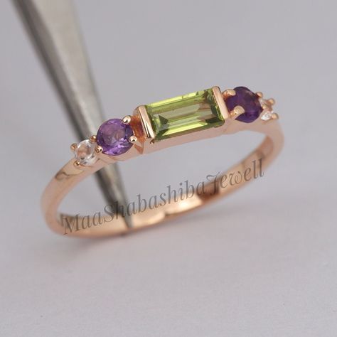 Genuine Peridot Baguette Ring, Peridot Ring, Minimalist Ring, Amethyst Ring, Multi-stone Ring, Peridot Rose Gold Ring, August  Birthstone  SHOP LINK:- https://www.etsy.com/shop/MaaShabashibaJewell?ref=seller-platform-mcnav 》D E T A I L S《 Gemstone: 1) Natural Peridot                      2) Natural Amethyst                      Gem Color: 1) Green                      2) Purple                       Gem Shape: 1) Baguette                        2) Round                        Gem Category: Cut Luxury Minimalist Birthstone Ring With Gemstone, Elegant August Birth Stone Ring, Peridot Ring Gold, Amethyst Wedding, Baguette Ring, Silver Polish, Peridot Stone, Amethyst Gem, August Birthstone