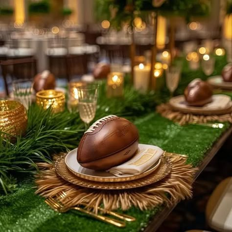 Elegant Football Party Decorations, Fancy Football Party, Classy Football Party, Football Theme Graduation Party Ideas, Backyard Football Party, Wedding Theme Games, Football Banquet Centerpieces, Football Centerpieces, Football Fundraiser