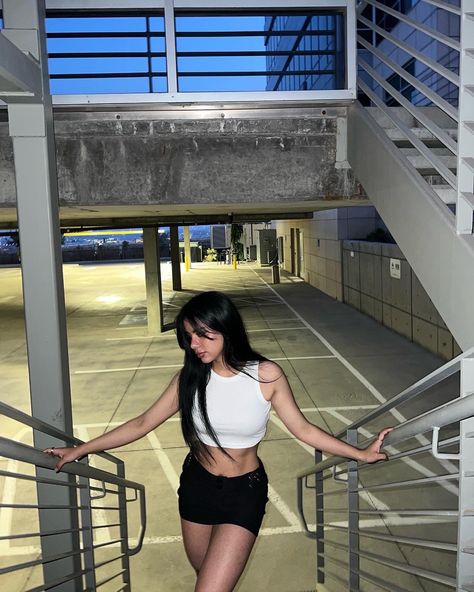 Parking lot cute oufit mini skirt oufit poses ideas stairs black and white Mini Skirt Picture Ideas, Car Lot Photoshoot, Parking Lot Pictures Instagram, Photo Poses With Skirt, Insta Photo Ideas Stairs, Pose Ideas Parking Lot, Poses For Pictures Skirt, Stairs Instagram Pictures, Revenge Pics Ideas