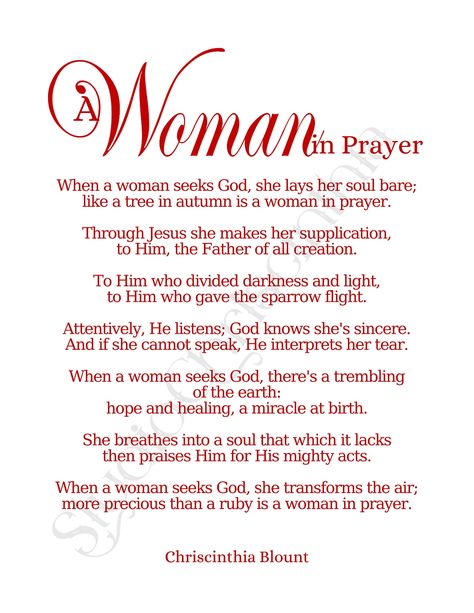 "This high quality, printable Christian poem is a perfect way to decorate your home or office. Great for powerful women who pray. Download now! MORE COLORS AVAILABLE. PLEASE CHECK OTHER LISTINGS BELOW. DETAILS: FIVE SIZES 4\" x 6\" (10.16cm x 15.24cm) 5\" x 7\" (12.7cm x 17.78cm) 8.5\" x 11\" (21.59cm x 27.94cm) 11\" x 17\" (27.94cm x 43.18cm) 18\" x 24\" (45.72cm x 60.96cm) High Quality, Adjustable, Affordable The word \"SAMPLE\" is a watermark and WILL NOT appear on your download! If you are looking for the 2\"x2\" and 3\"x3\" versions in assorted colors for keychains, magnets, pendants, stickers, etc., please click the link below: https://www.etsy.com/listing/1577251577/ If you are looking for the 4\"x4\" versions in assorted colors for coasters and magnets, please click here: https://w Christian Poems For Women, Godly Women Quotes, Women Of God, Praying Woman, Christian Woman Encouragement, Church Conference, Christian Poems, Printable Prayers, Women Church