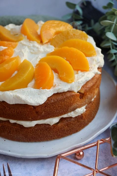 Peaches and Cream Cake! - Jane's Patisserie Peaches And Cream Cake Recipe, Peaches And Cream Cake, Cake Recipes Uk, Janes Patisserie, Cream Cake Recipe, Mango Cheesecake, Peach Syrup, Peach Cake, Cake Recipes From Scratch