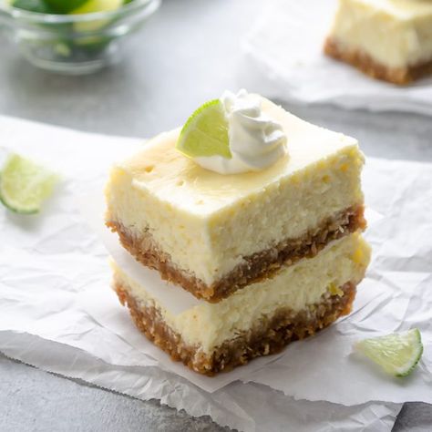 Key Lime Cheesecake Bars with Coconut Macadamia Crust - Flavor the Moments Lime Cheesecake Bars, Key Lime Cheesecake Bars, Bars With Coconut, Apple Squares, Cookout Desserts, Key Lime Recipes, Key Lime Pie Bars, Key Lime Pie Easy, Key Limes