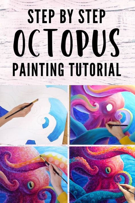 a step by step art tutorial teaching you how to paint this colorful octopus painting in acrylics. Paint An Octopus, How To Paint Octopus, Painting Octopus Acrylic, Painting Of Octopus, Colorful Octopus Painting, How To Paint An Octopus Step By Step, Colorful Animal Paintings Acrylics, How To Paint An Octopus, Octopus Painting Acrylic Easy